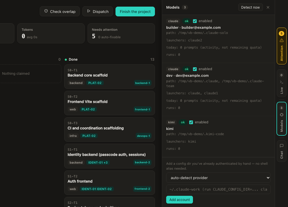 The Models drawer: two Claude accounts and a Kimi provider. The 'dev' account lists two config directory paths and two launchers under a single entry.