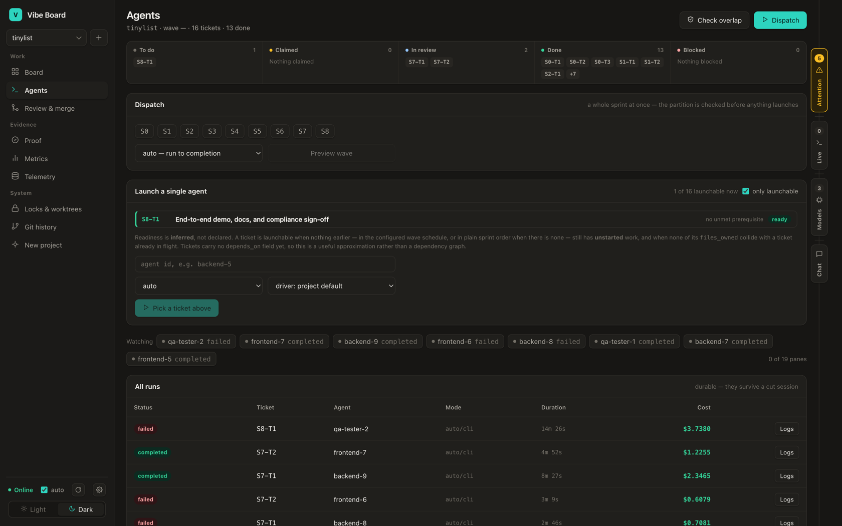 The agents view: one run per ticket with its worktree, branch and live status.