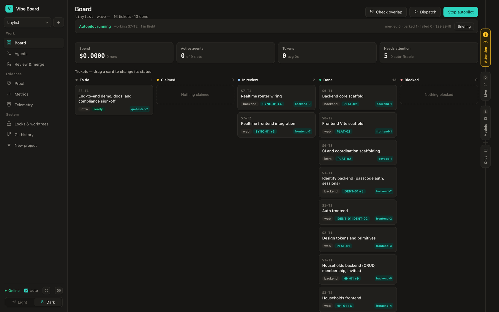 The autopilot panel showing the supervisor loop, its current ticket, and quota waiting state.