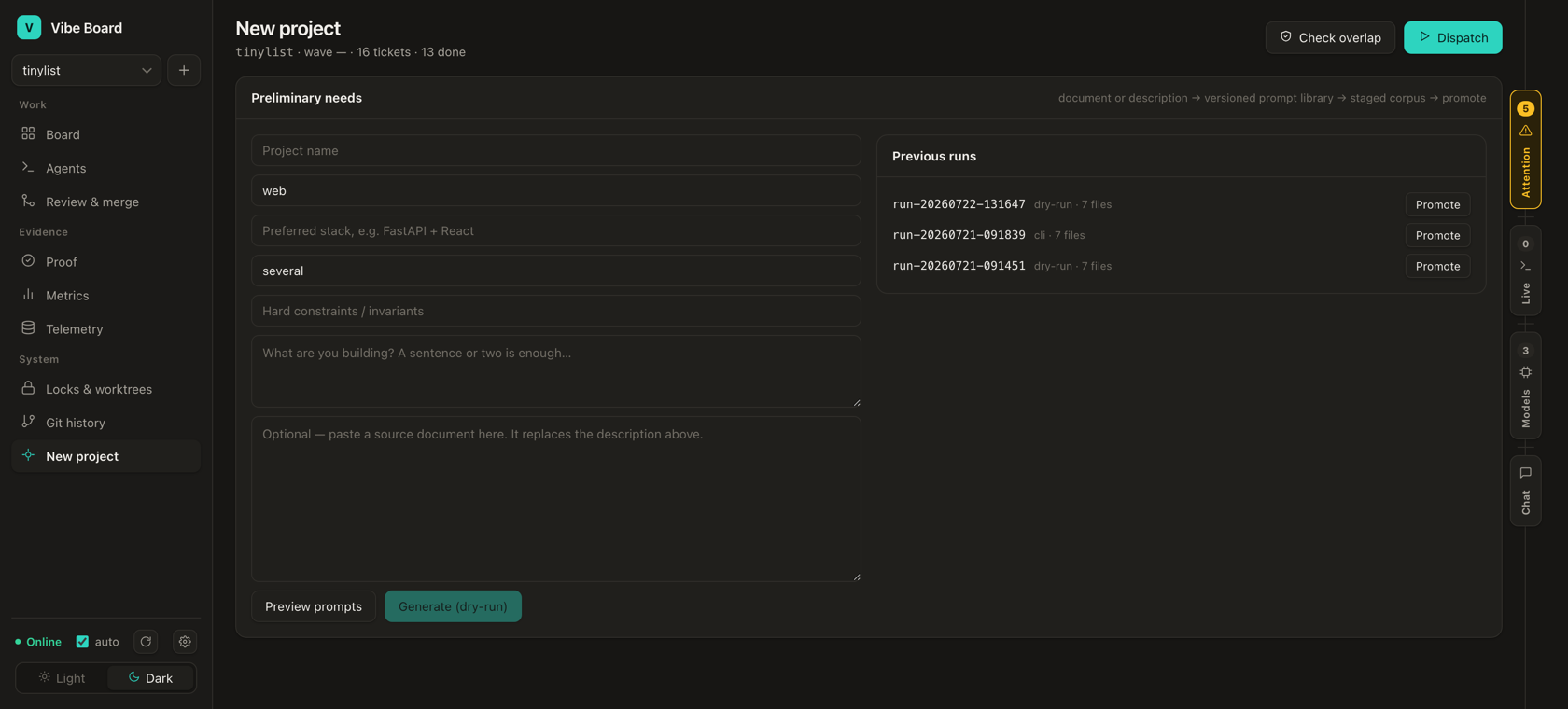 New project wizard turning a description into a full plan.