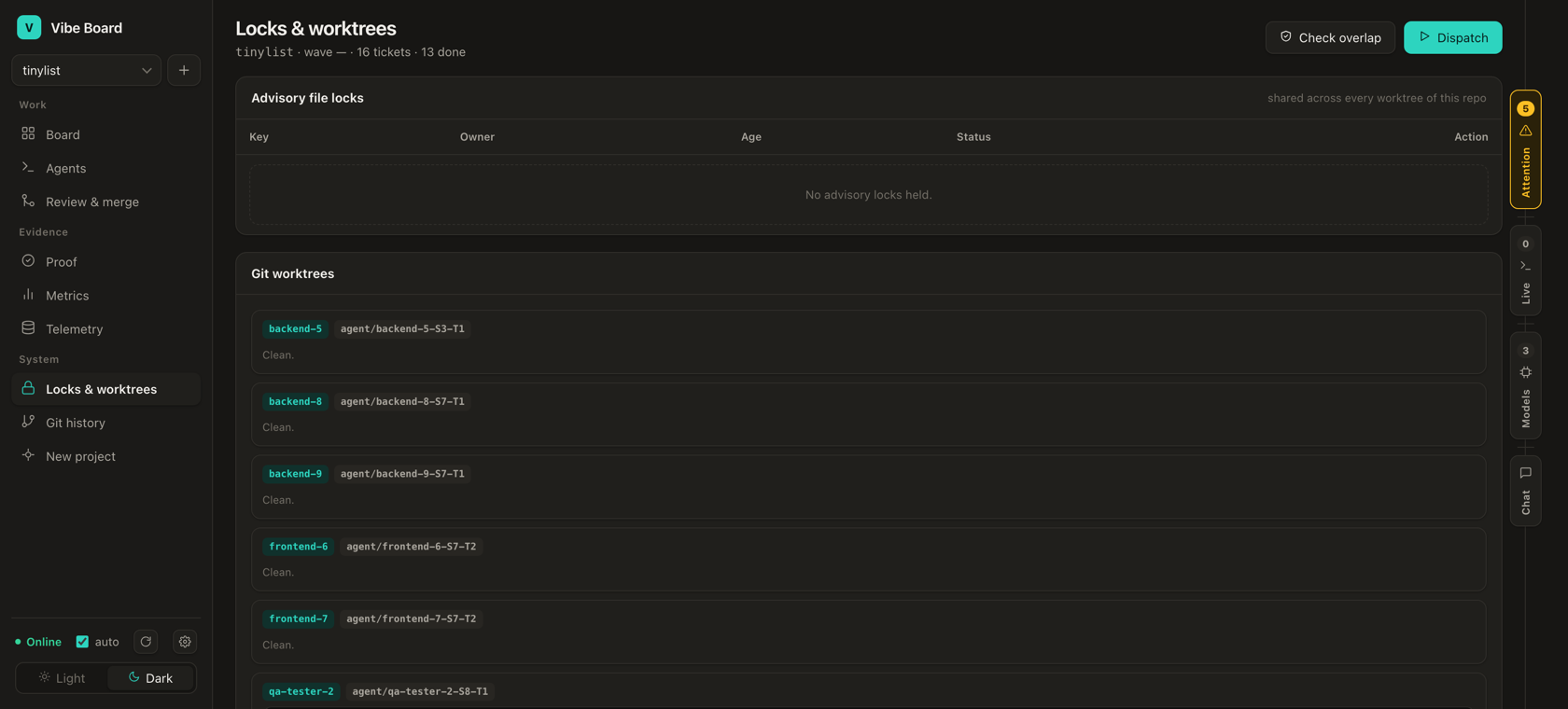 Locks and worktrees: nine agent slots with their branches and ports.