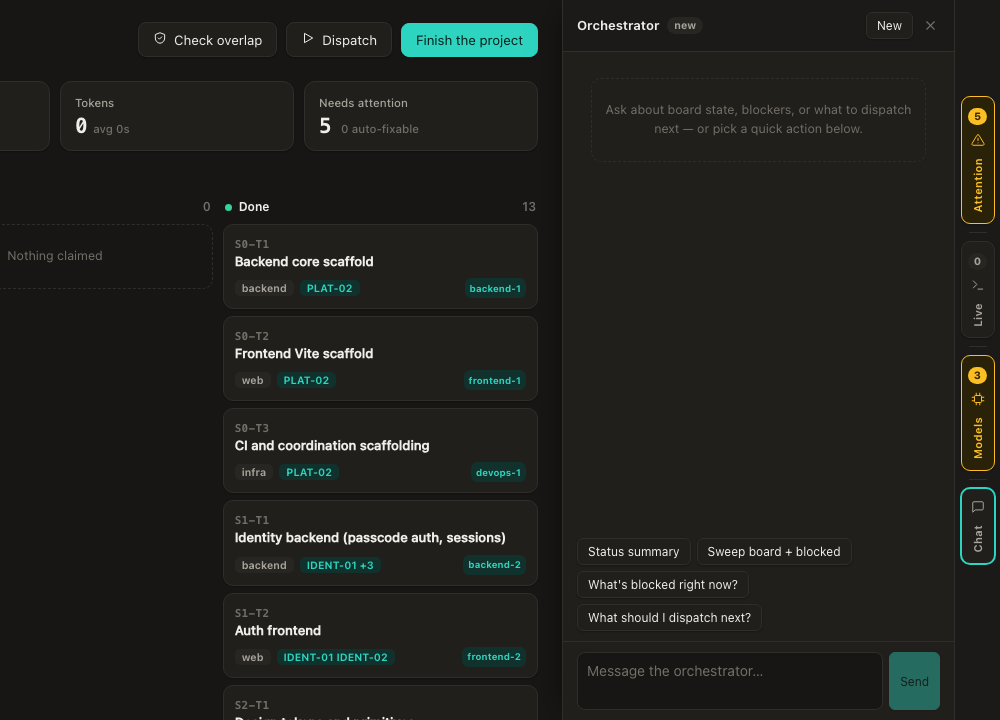 The Orchestrator drawer open beside the board, with quick actions for a status summary, a board sweep, what is blocked, and what to dispatch next.