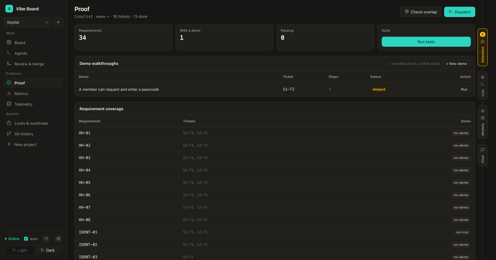 Proof runs: test suite results and scripted browser walkthroughs per ticket.