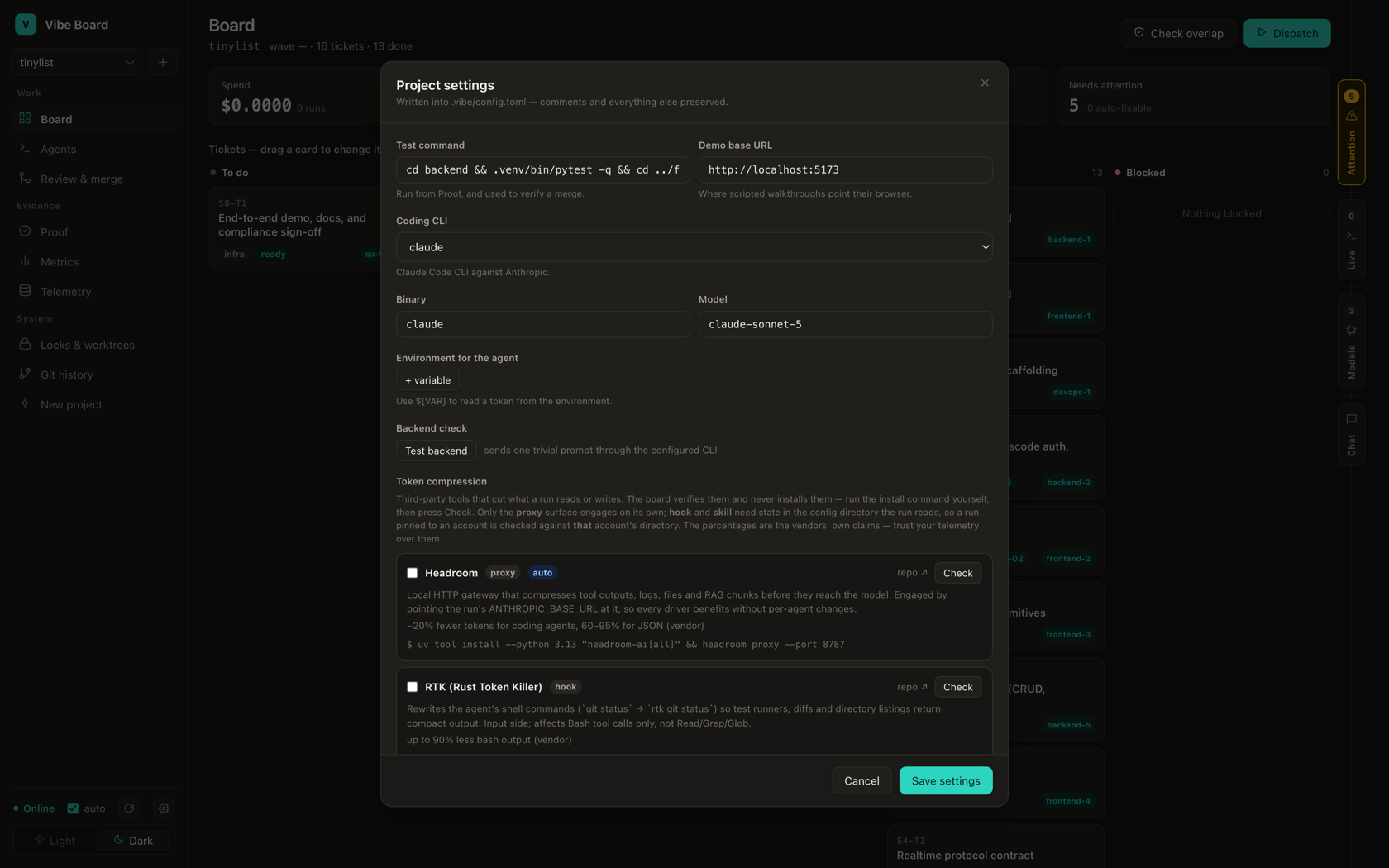 Project settings showing the token-compression addon layer.